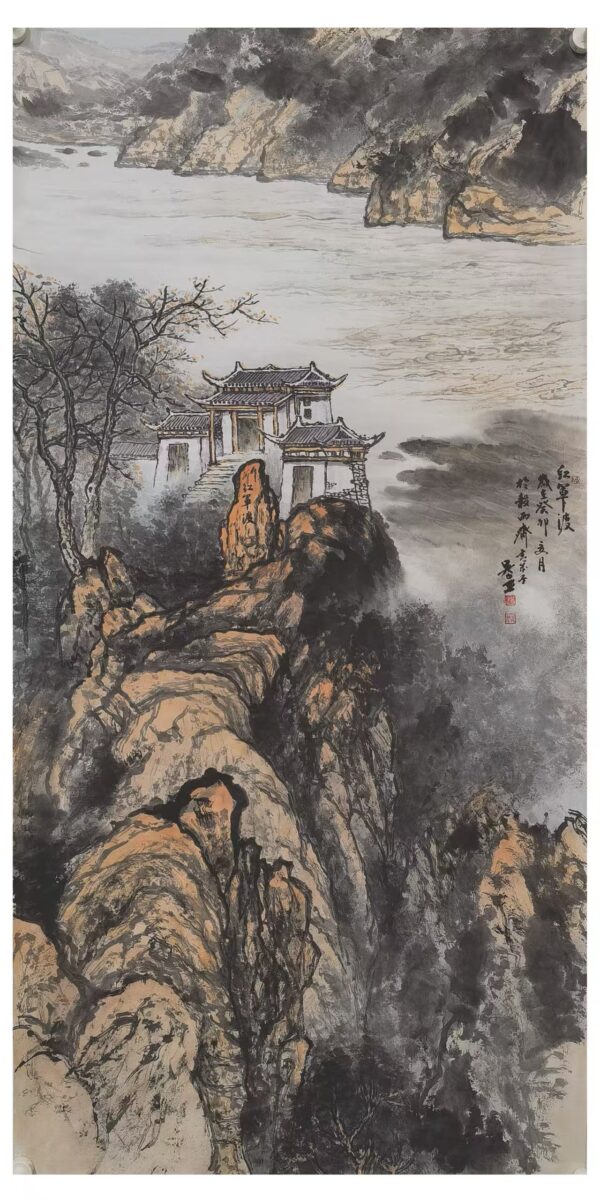 Elegant Chinese Ink Landscape Mural – Hand-Painted Scroll